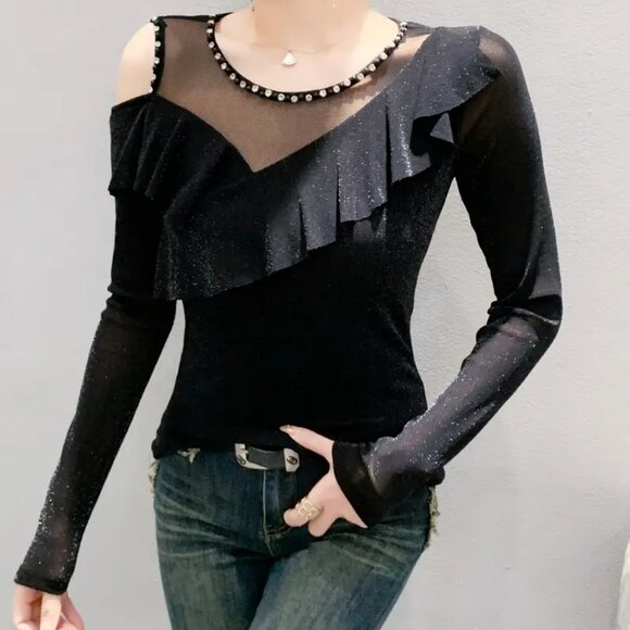 Rhinestones Glitter Sheer Long Sleeves Ruffle Trim Cut Out Top M - Picture 3 of 7